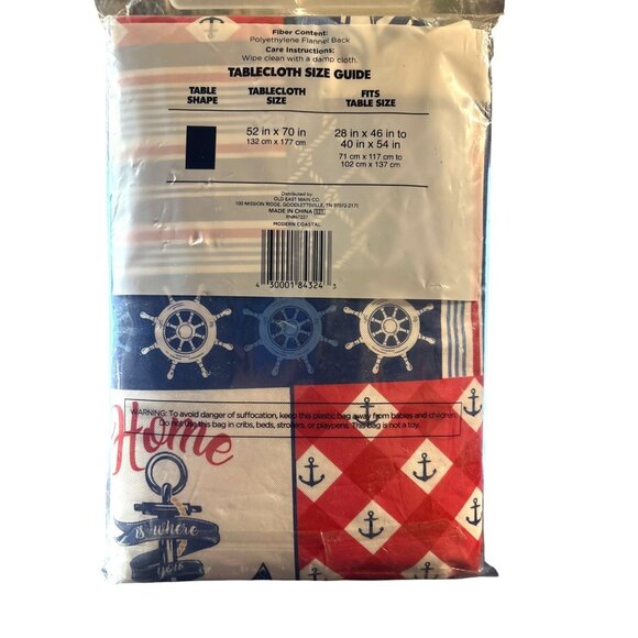 True Living Nautical-Themed Vinyl Flannel Back Tablecloth 52 X 70 Red White Blue - Picture 4 of 5